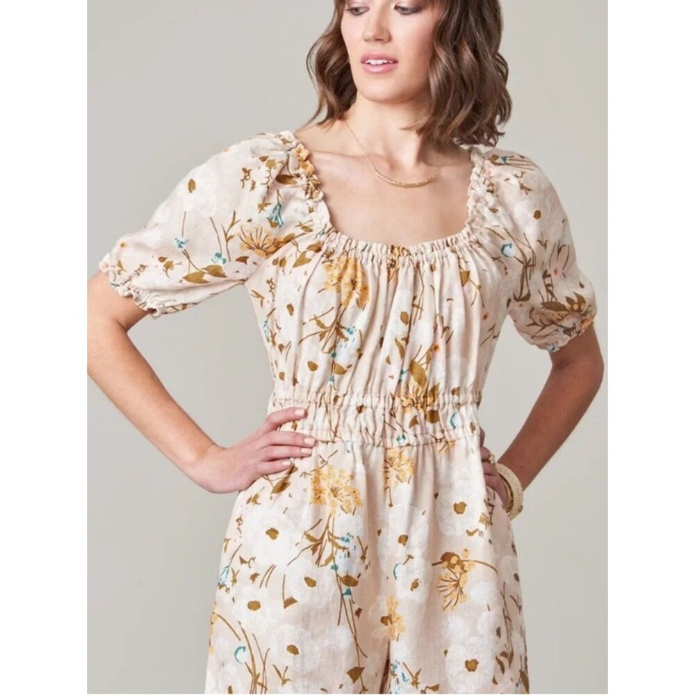 Spartina 449 100% Linen Cream Floral Smocked Waist Natural Romper Accents XS